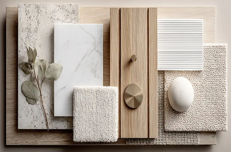 Materialmuster für einen privaten Wellnessbereich – Holz, Stein, Textil und Metall
